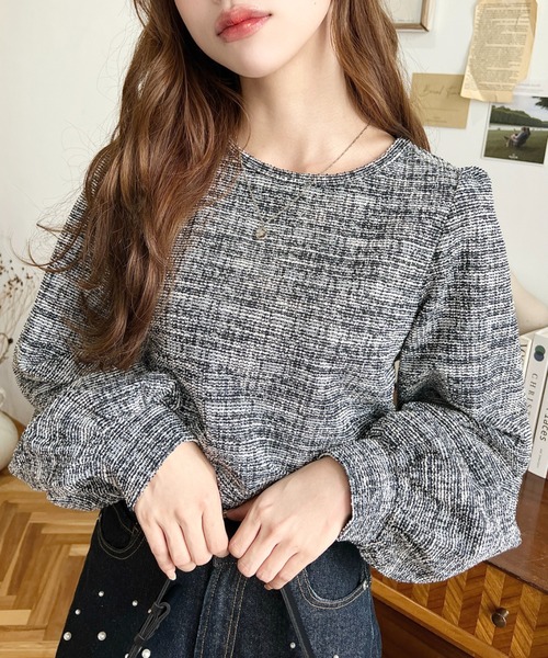 セール】ボリュームスリーブカラーツイードプルオーバー（シャツ