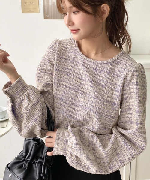 セール】ボリュームスリーブカラーツイードプルオーバー（シャツ