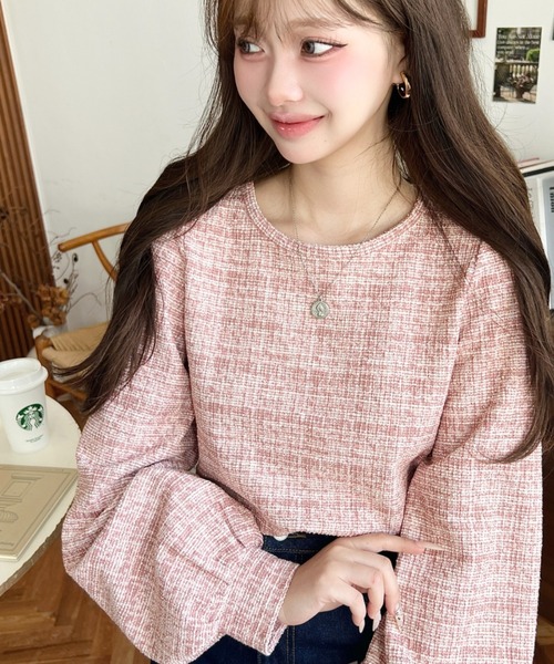 セール】ボリュームスリーブカラーツイードプルオーバー（シャツ