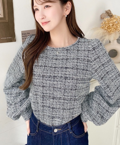 セール】ボリュームスリーブカラーツイードプルオーバー（シャツ
