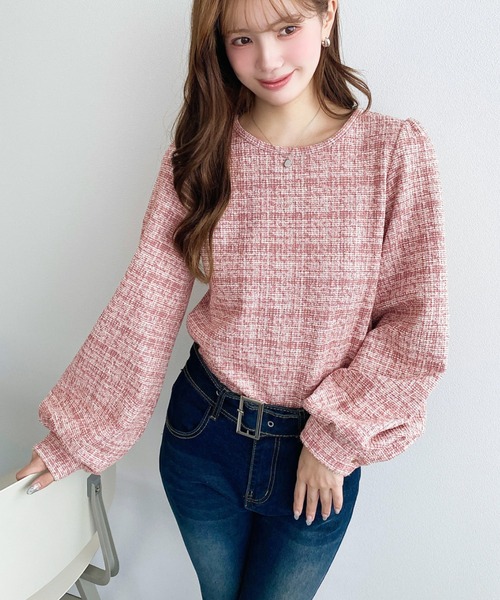 セール】ボリュームスリーブカラーツイードプルオーバー（シャツ