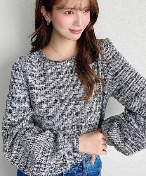 セール】ボリュームスリーブカラーツイードプルオーバー（シャツ