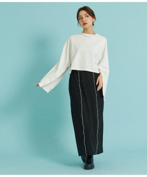 ANAP（アナップ）の「カットリブメロー配色ナロースカート（スカート・レディース・ブラック/グリーン/アイボリー・FREE）」の4枚目の写真
