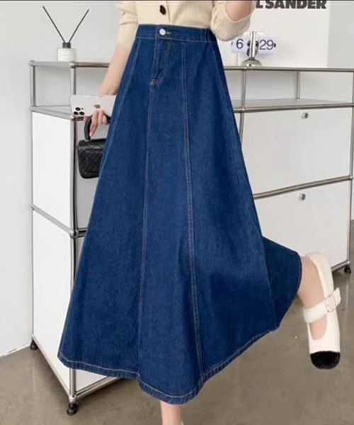 pumpkin port（パンプキンポート）の「デニムフレアースカート（デニムスカート・レディース・ライトブルー/インディゴブルー・MEDIUM）」の2枚目の写真