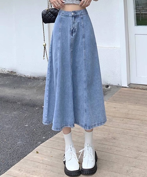 pumpkin port（パンプキンポート）の「デニムフレアースカート（デニムスカート・レディース・ライトブルー/インディゴブルー・MEDIUM）」の3枚目の写真