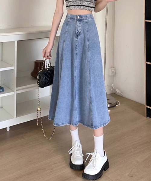 pumpkin port（パンプキンポート）の「デニムフレアースカート（デニムスカート・レディース・ライトブルー/インディゴブルー・MEDIUM）」の5枚目の写真