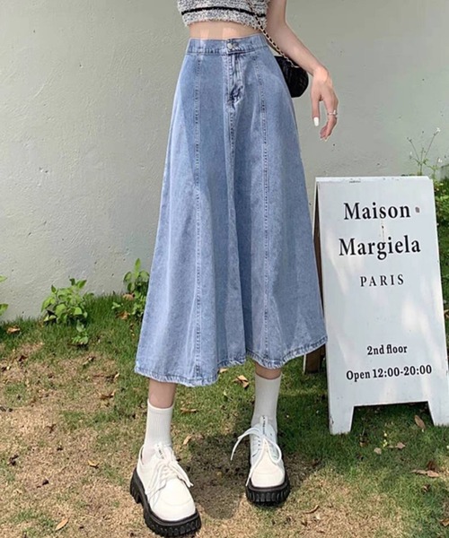 pumpkin port（パンプキンポート）の「デニムフレアースカート（デニムスカート・レディース・ライトブルー/インディゴブルー・MEDIUM）」の6枚目の写真