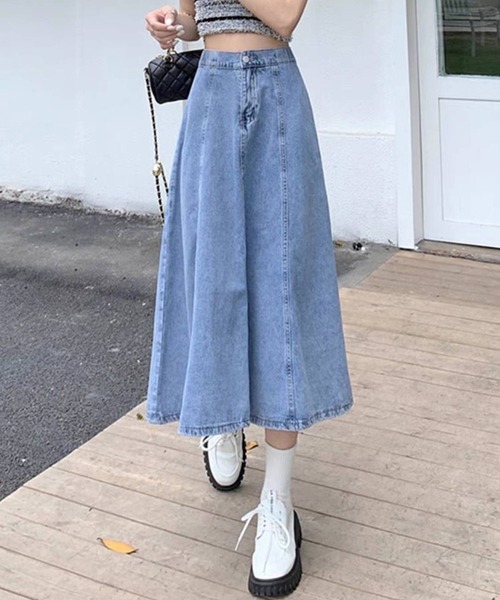 pumpkin port（パンプキンポート）の「デニムフレアースカート（デニムスカート・レディース・ライトブルー/インディゴブルー・MEDIUM）」の7枚目の写真