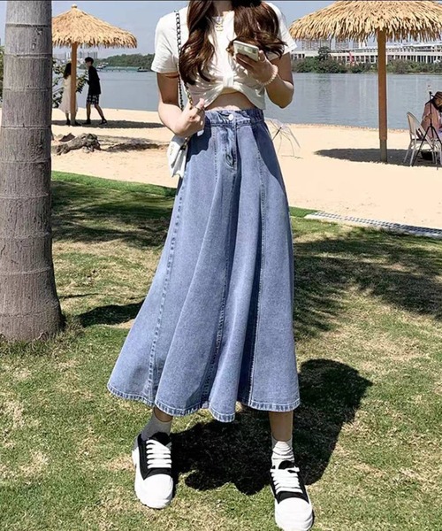 pumpkin port（パンプキンポート）の「デニムフレアースカート（デニムスカート・レディース・ライトブルー/インディゴブルー・MEDIUM）」の9枚目の写真