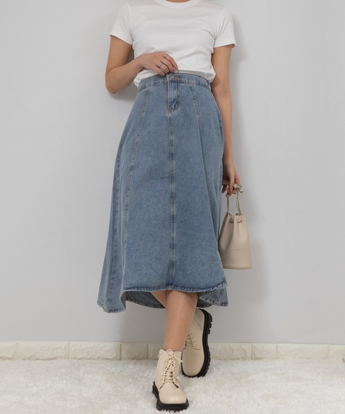 pumpkin port（パンプキンポート）の「デニムフレアースカート（デニムスカート・レディース・ライトブルー/インディゴブルー・MEDIUM）」の10枚目の写真