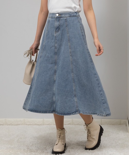 pumpkin port（パンプキンポート）の「デニムフレアースカート（デニムスカート・レディース・ライトブルー/インディゴブルー・MEDIUM）」の11枚目の写真