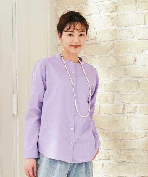 Pitta Re:)(ピッタリ)の「綿麻 バンドカラー 長袖カジュアルシャツ(シャツ/ブラウス・レディース・ラベンダー/ブラック/ライトブルー/ブルーグリーン・M/L/LL)」の1枚目の写真