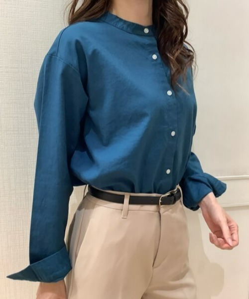 Pitta Re:)(ピッタリ)の「綿麻 バンドカラー 長袖カジュアルシャツ(シャツ/ブラウス・レディース・ラベンダー/ブラック/ライトブルー/ブルーグリーン・M/L/LL)」の4枚目の写真