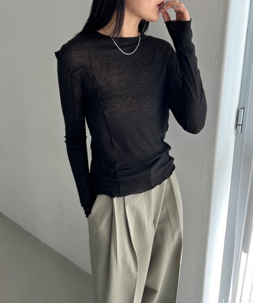Didot.showroom(ディドット ショールーム)の「【DIDOT.】メロウラインシアーロンT(Tシャツ/カットソー・レディース・モカ/ブラック/ベージュ/ホワイト・FREE)」の3枚目の写真