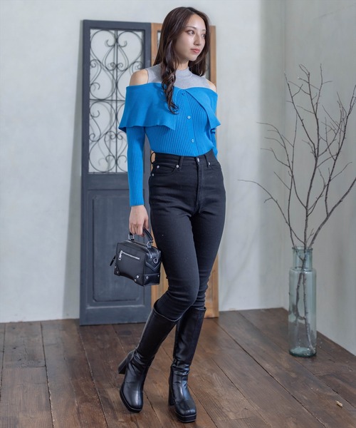 clear（クリア）の「肩開き配色リブニットトップス≪2024SS≫（ニット/セーター・レディース・ブラック/ブルー/グリーン・F）」の18枚目の写真