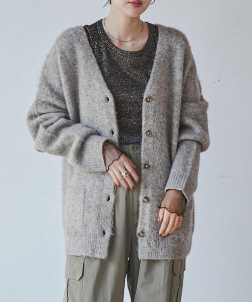 coen（コーエン）の「リラクシーVネックシャギーニットカーディガン（カーディガン/ボレロ・レディース・ケリーグリーン/クリーム/オフホワイト/グレー・FREE）」の5枚目の写真