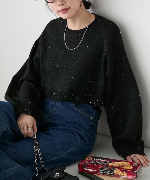 BONLECILL(ボンルシール)の「ラメスパンコールボリュームスリーブクロップドニットプルオーバー(ニット/セーター・レディース・ブルー/オフホワイト/ブラック/グレー・FREE)」の17枚目の写真