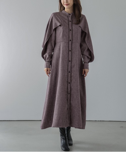 AMELY(エミリー)の「ケープ風デザインワンピース(ワンピース・レディース・グレー/ベージュ/パープル・M/L)」の3枚目の写真