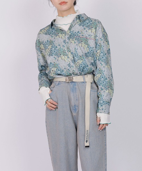 DOUBLE NAME（ダブルネーム）の「レトロ恐竜フラワーオリプリ長袖シャツ（シャツ/ブラウス・レディース・ネイビー/オフホワイト/ブルー・FREE）」の21枚目の写真