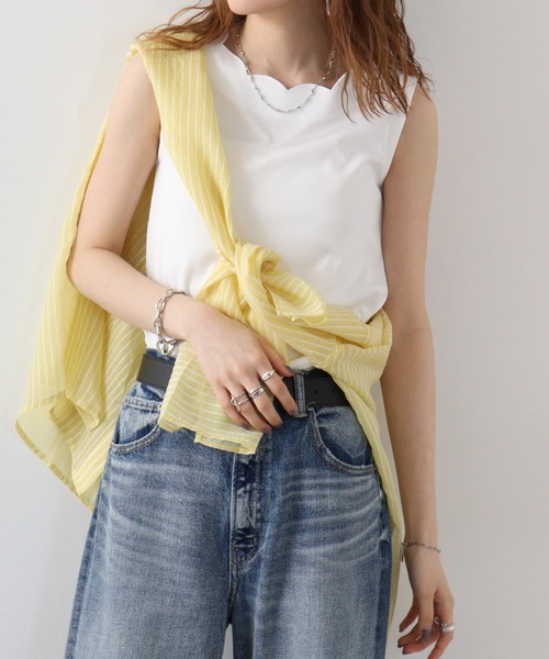 Anna Nicola(アンナニコラ)の「Anna Nicola スカラップ襟リブタンク(タンクトップ・レディース・サンドベージュ/ライトグレー/ピンク/ブラック/オフホワイト・38)」の6枚目の写真