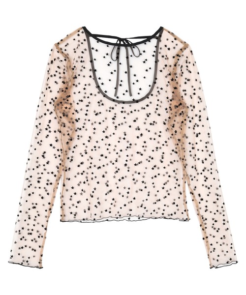 miette（ミエット）の「バックオープンフロッキーチュールトップス（Tシャツ/カットソー・レディース・ブラック/ベージュ・FREE）」の6枚目の写真