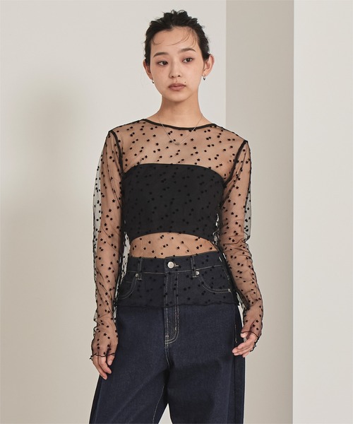 miette（ミエット）の「バックオープンフロッキーチュールトップス（Tシャツ/カットソー・レディース・ブラック/ベージュ・FREE）」の19枚目の写真