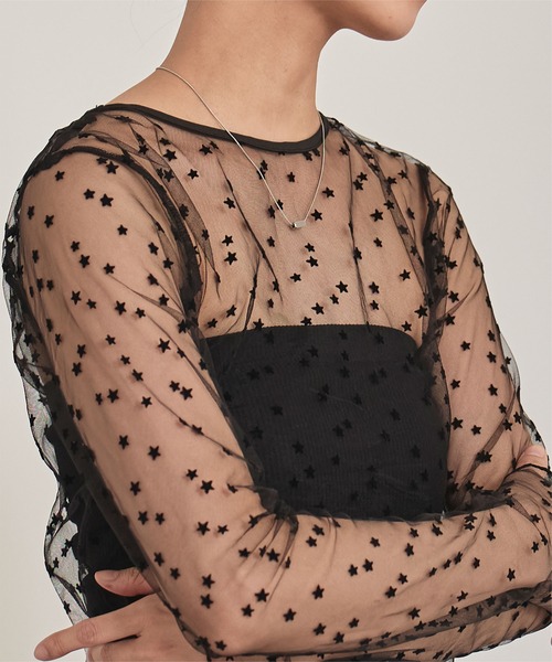 miette（ミエット）の「バックオープンフロッキーチュールトップス（Tシャツ/カットソー・レディース・ブラック/ベージュ・FREE）」の17枚目の写真