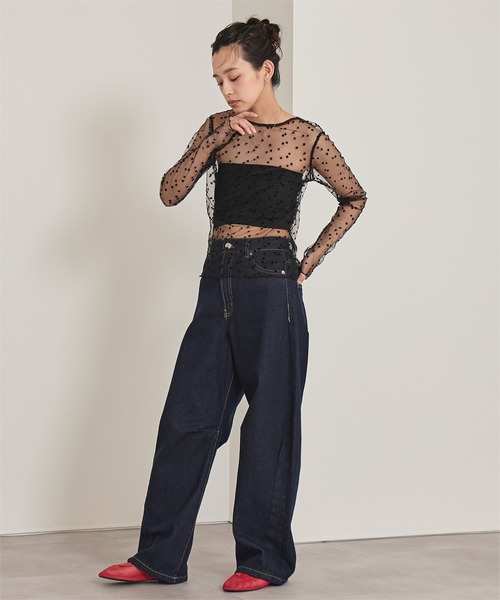 miette（ミエット）の「バックオープンフロッキーチュールトップス（Tシャツ/カットソー・レディース・ブラック/ベージュ・FREE）」の16枚目の写真