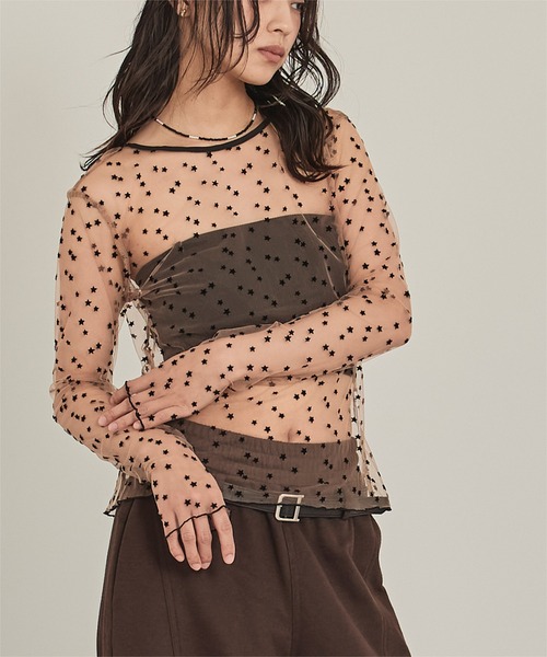 miette（ミエット）の「バックオープンフロッキーチュールトップス（Tシャツ/カットソー・レディース・ブラック/ベージュ・FREE）」の14枚目の写真