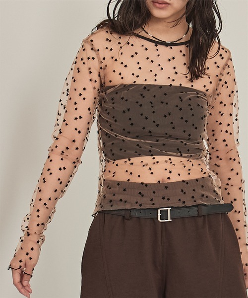 miette（ミエット）の「バックオープンフロッキーチュールトップス（Tシャツ/カットソー・レディース・ブラック/ベージュ・FREE）」の12枚目の写真
