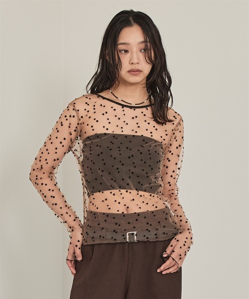 miette（ミエット）の「バックオープンフロッキーチュールトップス（Tシャツ/カットソー・レディース・ブラック/ベージュ・FREE）」の11枚目の写真