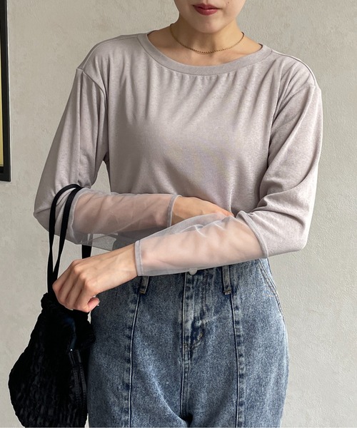 Thevon（ゼボン）の「袖先シアーボートネックロングTシャツ（Tシャツ/カットソー・レディース・グリーン系その他/ブラック/グレー/オフホワイト・FREE）」の4枚目の写真