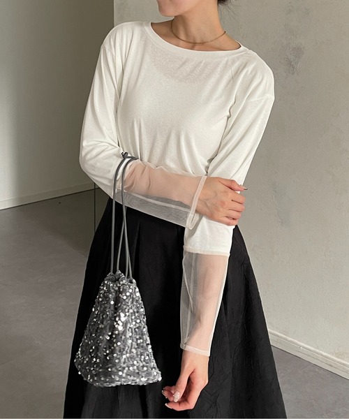 Thevon（ゼボン）の「袖先シアーボートネックロングTシャツ（Tシャツ/カットソー・レディース・グリーン系その他/ブラック/グレー/オフホワイト・FREE）」の2枚目の写真