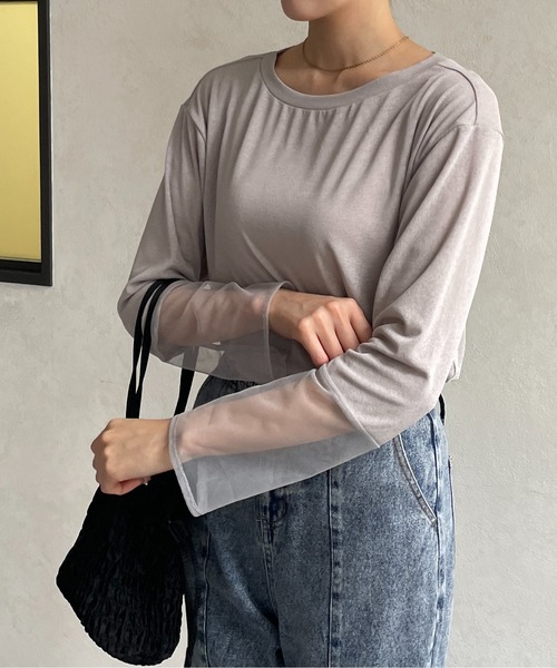 Thevon（ゼボン）の「袖先シアーボートネックロングTシャツ（Tシャツ/カットソー・レディース・グリーン系その他/ブラック/グレー/オフホワイト・FREE）」の6枚目の写真