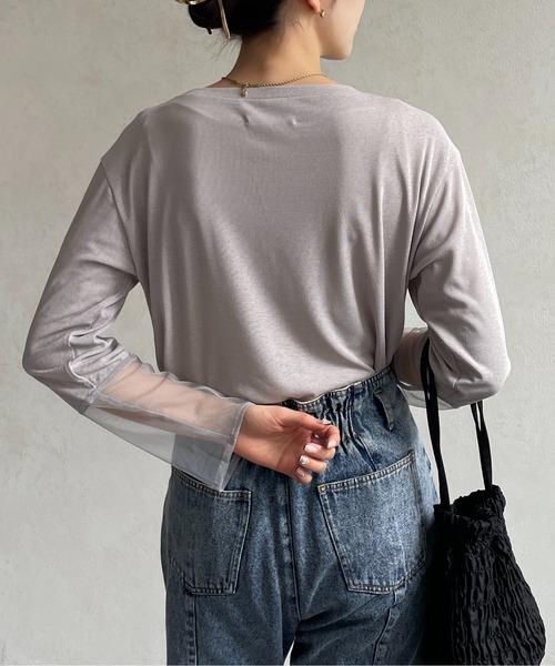 Thevon（ゼボン）の「袖先シアーボートネックロングTシャツ（Tシャツ/カットソー・レディース・グリーン系その他/ブラック/グレー/オフホワイト・FREE）」の7枚目の写真