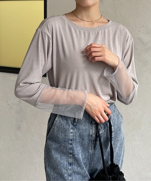 Thevon（ゼボン）の「袖先シアーボートネックロングTシャツ（Tシャツ/カットソー・レディース・グリーン系その他/ブラック/グレー/オフホワイト・FREE）」の9枚目の写真