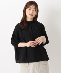 レースハイネック 5分袖ブラウス