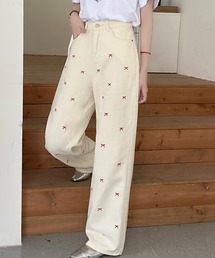 リボン刺繍デニムストレートパンツ