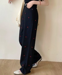 リボン刺繍デニムストレートパンツ