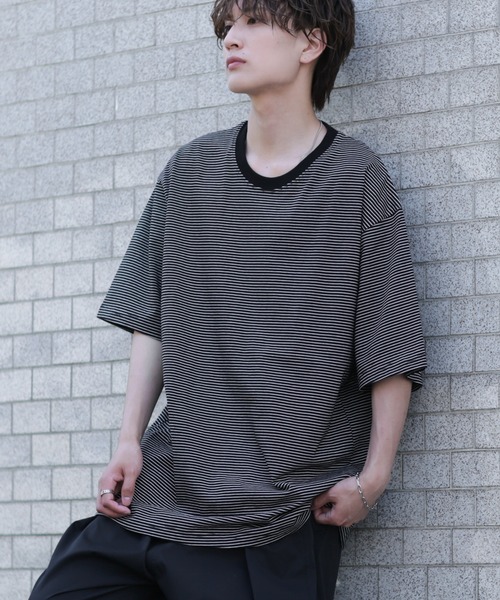 improves(インプローブス)の「マイクロ ボーダーTシャツ(Tシャツ/カットソー・メンズ・ブラック/ホワイト系/ネイビー/ベージュ/ホワイト/グリーン・FREE)」の3枚目の写真