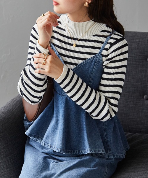 RANAN（ラナン）の「前後2WAYもちもちハイネック配色リブニット（ニット/セーター・レディース・ブラック/ホワイト/モカ/ブルー/オフホワイト/グレー・LL/M/L）」の3枚目の写真