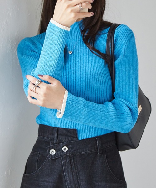 RANAN（ラナン）の「前後2WAYもちもちハイネック配色リブニット（ニット/セーター・レディース・ブラック/ホワイト/モカ/ブルー/オフホワイト/グレー・LL/M/L）」の6枚目の写真