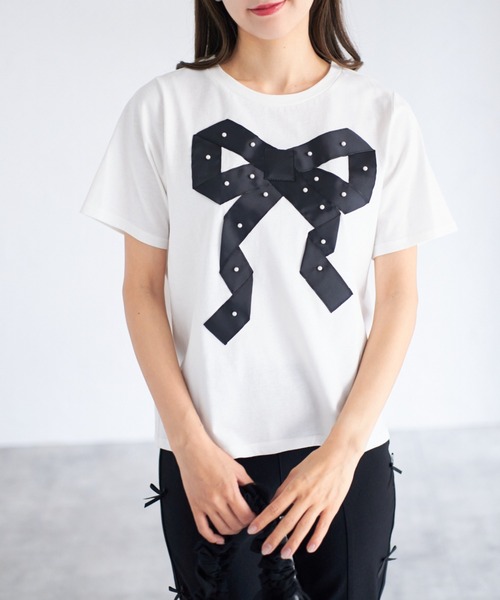 tocco closet（トッコ　クローゼット）の「【ZOZO限定】プチパールグログランリボンTシャツ（Tシャツ/カットソー・レディース・ブラック/オフホワイト・M）」の6枚目の写真