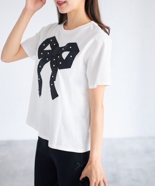 tocco closet（トッコ　クローゼット）の「【ZOZO限定】プチパールグログランリボンTシャツ（Tシャツ/カットソー・レディース・ブラック/オフホワイト・M）」の5枚目の写真