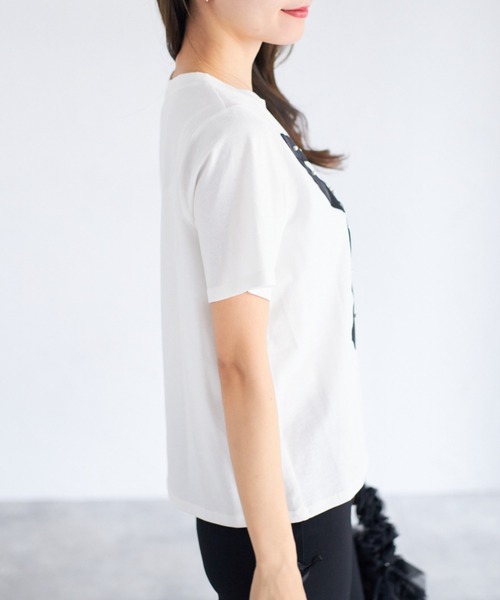 tocco closet（トッコ　クローゼット）の「【ZOZO限定】プチパールグログランリボンTシャツ（Tシャツ/カットソー・レディース・ブラック/オフホワイト・M）」の4枚目の写真