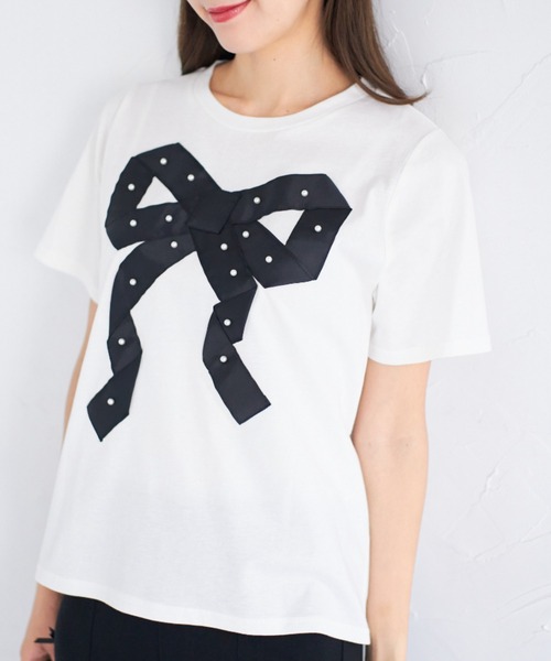 tocco closet（トッコ　クローゼット）の「【ZOZO限定】プチパールグログランリボンTシャツ（Tシャツ/カットソー・レディース・ブラック/オフホワイト・M）」の7枚目の写真