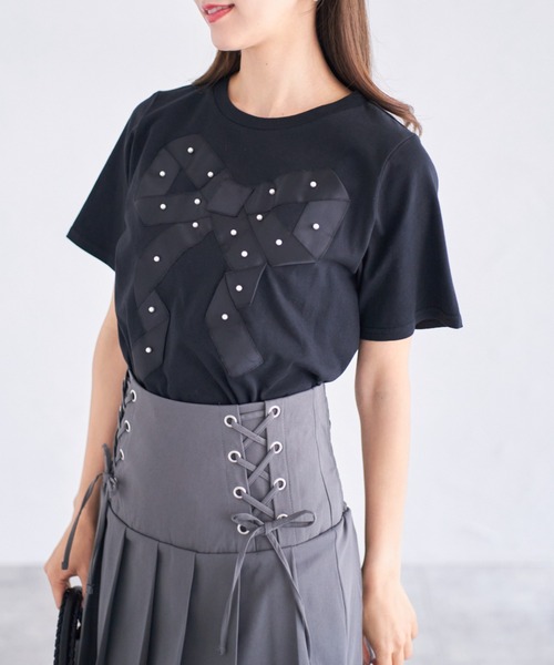 tocco closet（トッコ　クローゼット）の「【ZOZO限定】プチパールグログランリボンTシャツ（Tシャツ/カットソー・レディース・ブラック/オフホワイト・M）」の20枚目の写真