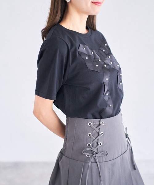 tocco closet（トッコ　クローゼット）の「【ZOZO限定】プチパールグログランリボンTシャツ（Tシャツ/カットソー・レディース・ブラック/オフホワイト・M）」の19枚目の写真