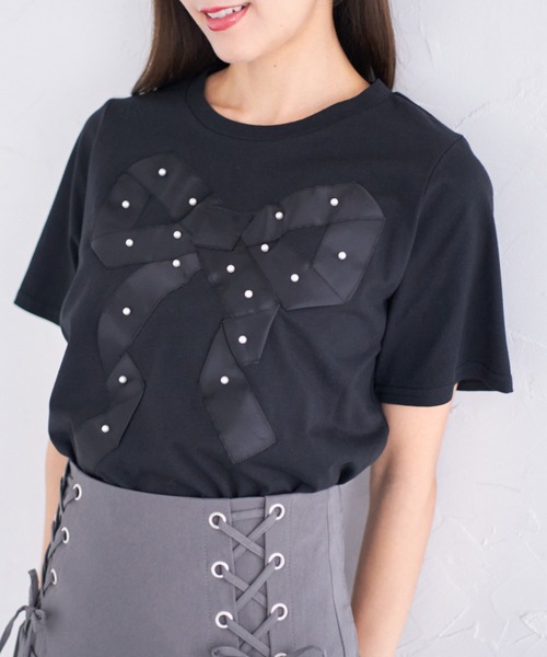 tocco closet（トッコ　クローゼット）の「【ZOZO限定】プチパールグログランリボンTシャツ（Tシャツ/カットソー・レディース・ブラック/オフホワイト・M）」の17枚目の写真