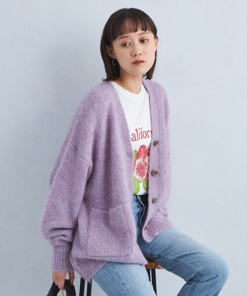 green label relaxing（グリーンレーベルリラクシング）の「アルパカシャギー Vネックカーディガン（カーディガン/ボレロ・レディース・ブラック/ライラック/オフホワイト/ライトグレー/ピンク/ライム/ベージュ・FREE/SHORT）」の6枚目の写真